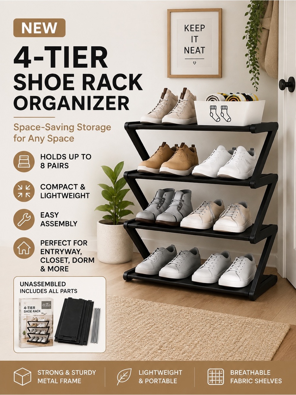 NEW 4-Tier Shoe Rack Organizer | Space Saving Entryway Closet Storage | Black